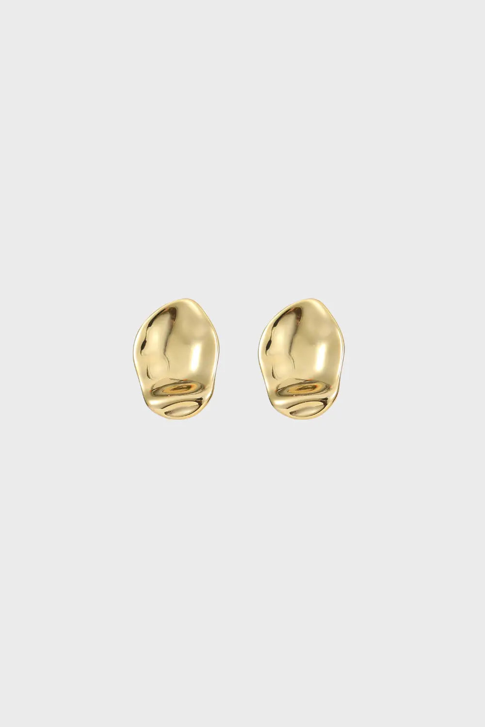 Minimalist gold oval stud earrings with smooth reflective surface for everyday wear
