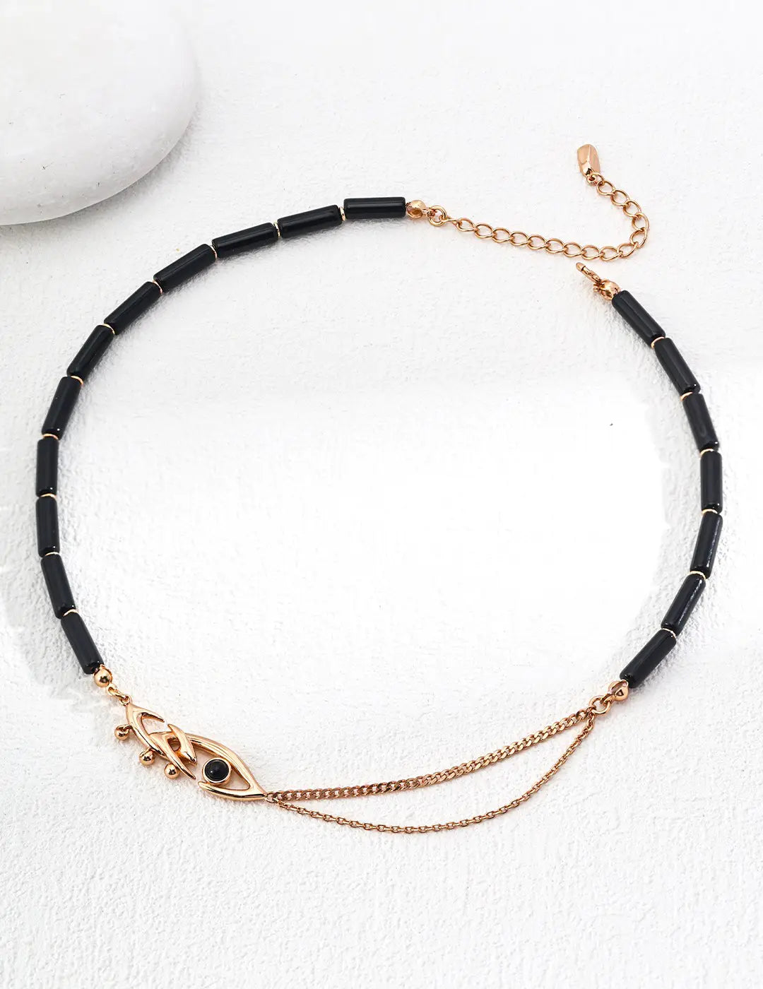 Full view of Anaïs & Aimee gold Evil Eye Black Obsidian Necklace with black beads