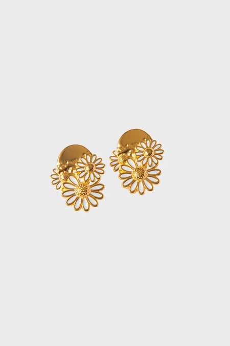 Aimee Floral Statement Gold Earrings featuring intricate floral design in 18K gold-plated brass, showcasing British elegance and craftsmanship