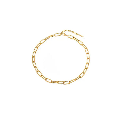 A gold paperclip chain necklace isolated on a white background. The necklace features elongated oval links with a textured surface, giving it a distinctive and modern appearance. The chain includes an adjustable clasp, allowing for length customization.
