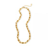 A luxurious Aimee HardWear gold link necklace featuring an intricate design of interconnected, smooth and textured links, completed with an adjustable chain for a customizable fit, laid out against a pure white background