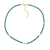 A delicate malachite beaded necklace with freshwater pearls and an 18ct gold-plated clasp displayed on a white background.