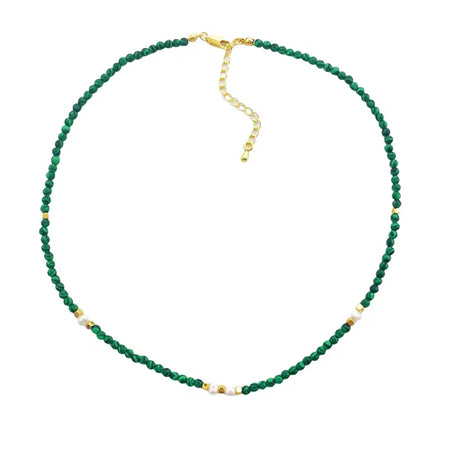 A delicate malachite beaded necklace with freshwater pearls and an 18ct gold-plated clasp displayed on a white background.