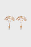 A pair of elegant drop earrings designed in a delicate hand-fan shape, adorned with freshwater pearls and intricate gold detailing. Each earring features a dangling pearl drop and a small sparkling gemstone, perfect for adding a touch of sophistication and grace.