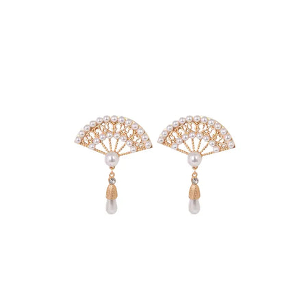 Aimee Freshwater Pearl Hand-Fan Drop Earrings featuring intricate fan-shaped design with delicate pearls and a dangling pearl drop, inspired by traditional hand fans.