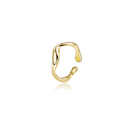 Anais Band Gold Ring featuring a modern, wavy open-ended design crafted in polished gold-tone metal. This high trending accessory adds a touch of contemporary elegance and sophistication, perfect for any occasion.