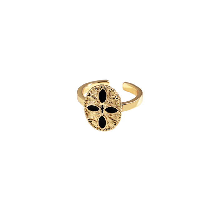  gold vintage ring with black enamel floral design showcased on a plain white background, highlighting its intricate craftsmanship and classic aesthetic.