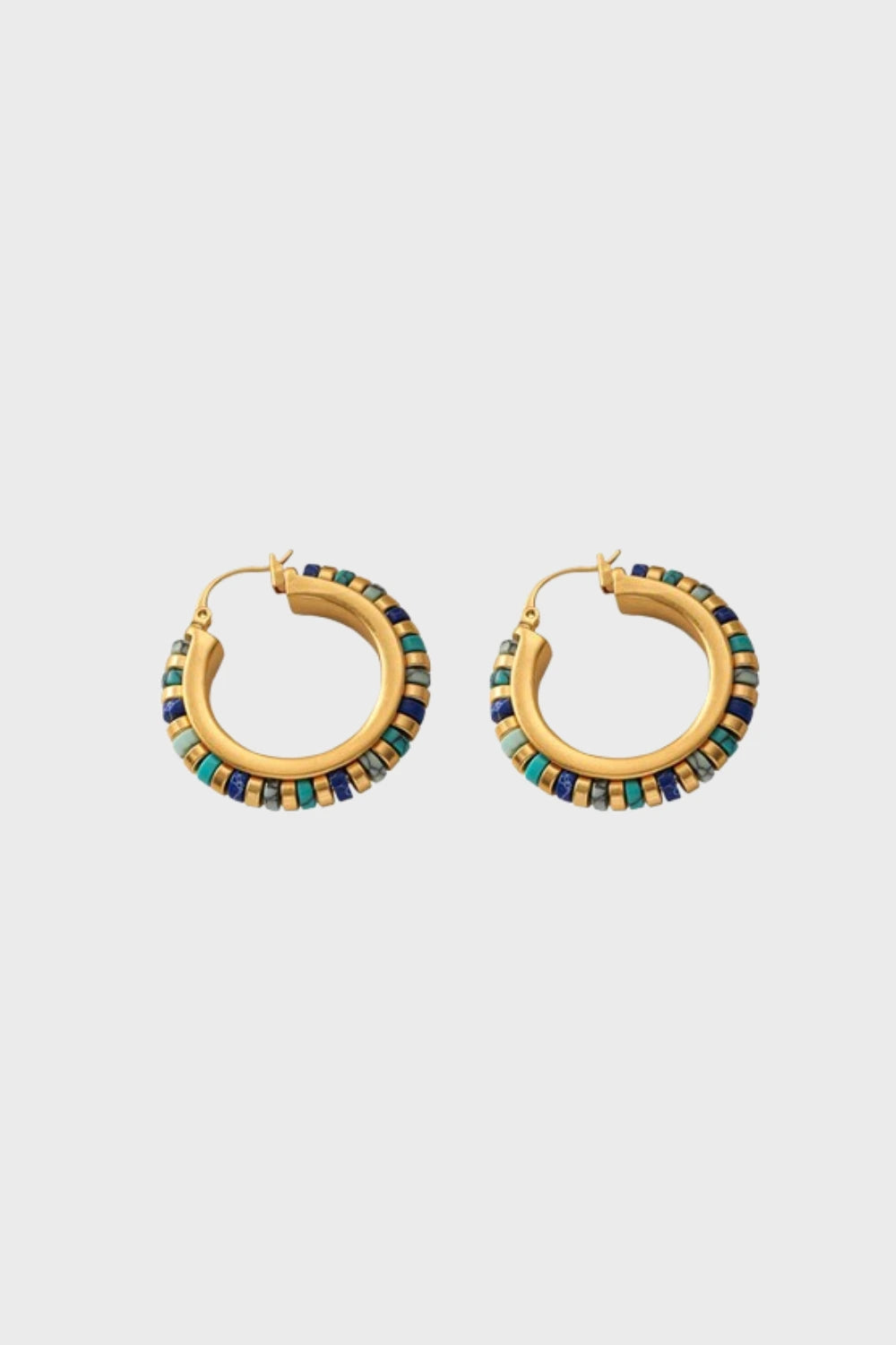 Pair of gold-plated hoop earrings with alternating turquoise, lapis, and deep green beads on a plain light background.

