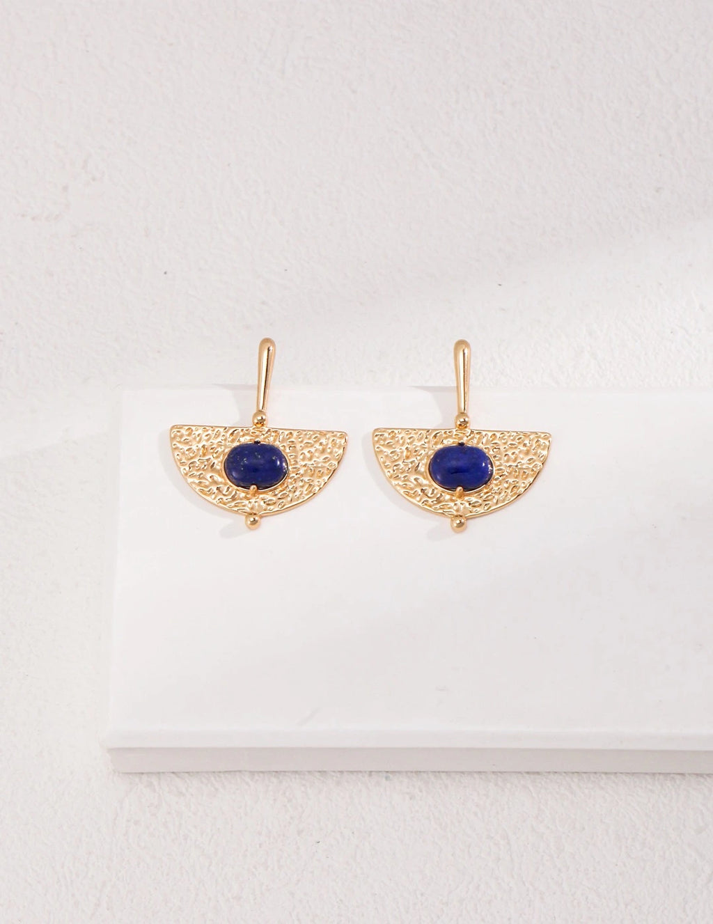 Pair of handmade gold lapis earrings – textured blue gemstone statement earrings UK by Anais & Aimee