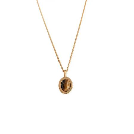 Elegant gold necklace with an oval tiger eye gemstone pendant, showcasing a rich blend of brown and golden hues for a sophisticated look.