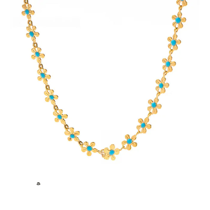 Dainty Blue Flower Necklace - Elegant Gold Chain Adorned with Tiny Blue Floral Charms, Perfect for Adding a Touch of Feminine Charm to Any Outfit"