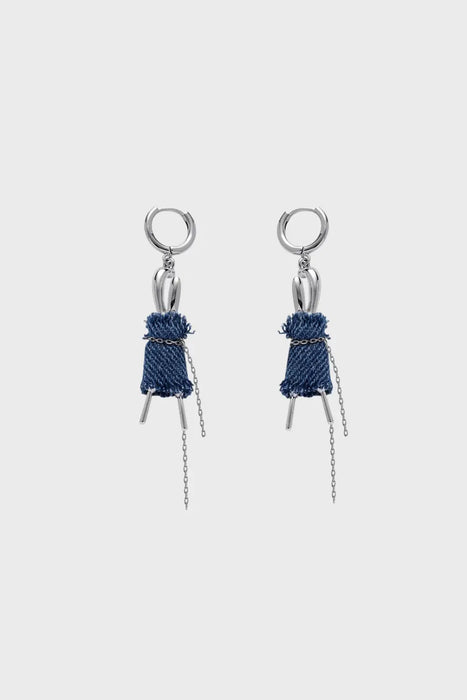 Stylish denim and sterling silver drop earrings with delicate chain details, designed for modern elegance and bold fashion statements.