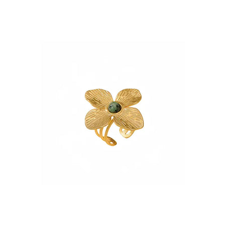 Anais & Aimee Dogwood Flower Cuff Ring featuring an 18K gold-plated base and a genuine green gemstone, symbolizing rebirth and strength with intricate petal detailing for an elegant and timeless look.