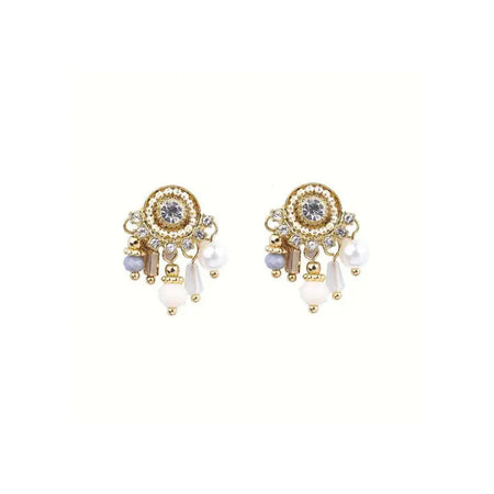 Dreamcatcher Chandelier Earrings featuring a central round crystal with a gold-tone border, surrounded by smaller sparkling crystals. The earrings have dangling charms including pearls, beads, and geometric shapes in gold, white, and pastel colors, creating an elegant and intricate design.