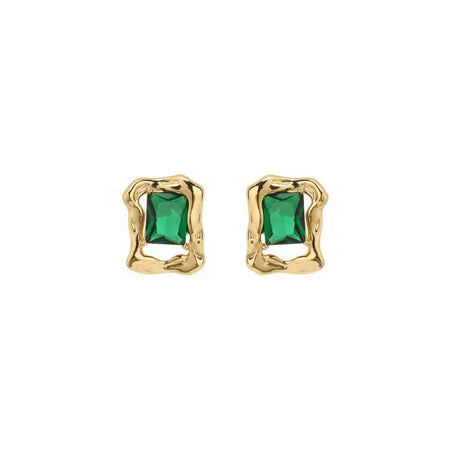 Anais & Aimee Evergreen Emerald Stud Earrings featuring vibrant emerald gemstones set in a unique, organic-shaped gold-plated design. Perfect for adding a touch of timeless elegance and sophistication to any outfit.