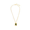 Evergreen Emerald Stud Necklace featuring a vibrant green crystal pendant set in polished gold-tone metal. The elegant design includes a delicate chain measuring 41.5 cm with a 5 cm extender, making it adjustable for a perfect fit. The necklace weighs 6.29 grams and is made of brass and glass. This high trending necklace adds a touch of timeless elegance and sophistication, ideal for making a stylish statement.