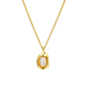  a delicate and sophisticated pendant necklace, highlighted by a freshwater pearl encased in a smooth, golden oval setting. The pearl, with its gentle, creamy luster, is beautifully complemented by the warm tones of the polished gold. This pendant hangs from a fine gold chain, adding to its elegance and simplicity. The design is modern yet timeless, making it a versatile accessory that can enhance both casual and formal outfits, perfect for those who appreciate understated luxury.