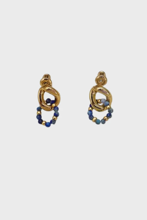 Handmade Lapis Lazuli Drop Earrings UK – Gold-plated twisted design with natural Lapis Lazuli beads, perfect for a luxury gemstone jewellery statement