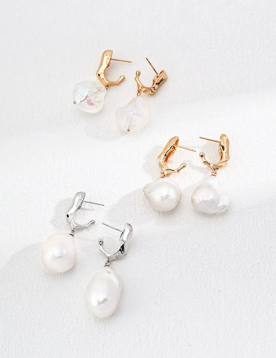 Anaïs & Aimee Gilded Flow Baroque Pearl Earrings in silver and gold finishes, featuring natural baroque pearls, perfect for London and UK jewelry lovers.