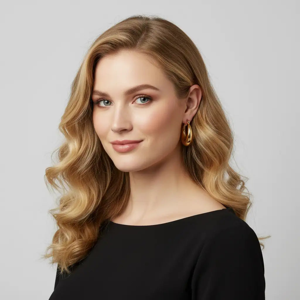 Woman with wavy blonde hair wearing gold earrings against a light gray background