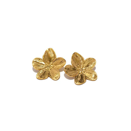 Pair of gold earrings designed as hibiscus flowers with detailed petals, showcasing a polished and elegant finish against a white background.