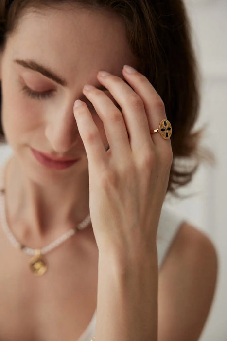 Close-up of Anais & Aimee Black Obsidian ring with intricate detailing