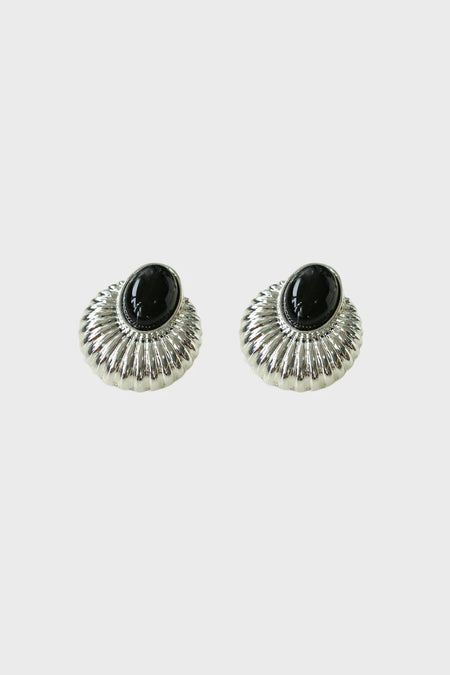 Serenity Black Onyx Silver Earrings featuring a ribbed fan-like design with a glossy black onyx stone at the center, set in a silver-tone frame.