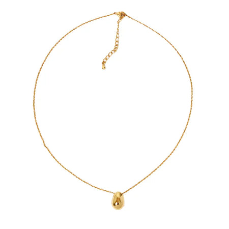 At the center of the chain hangs a smooth, teardrop-shaped gold pendant that reflects light with its polished surface. The necklace has an adjustable clasp at the back, allowing for length customization. The overall design is minimalist, focusing on the beauty of the single gold droplet as the standout element against a plain background, making it versatile and suitable for both everyday wear and special occasions.