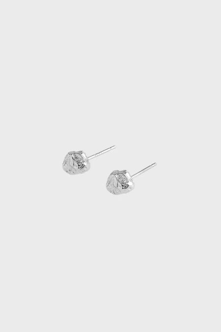 Minimalist silver tin foil texture stud earrings with a crinkled, organic surface, crafted in sterling silver for a modern, textured look.