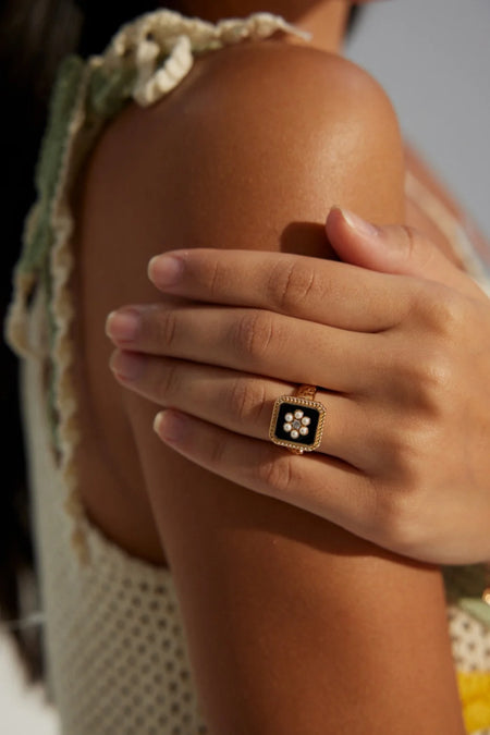 Vintage Grace Pearl & Enamel Ring UK – Handmade 925 sterling silver ring featuring freshwater pearls, zircon stones & enamel detailing, perfect for luxury vintage jewellery lovers