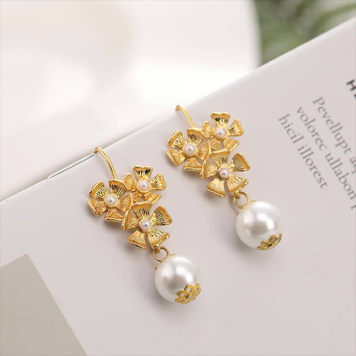 Floral Motif Gold Plated Pearl Drop Earrings Online