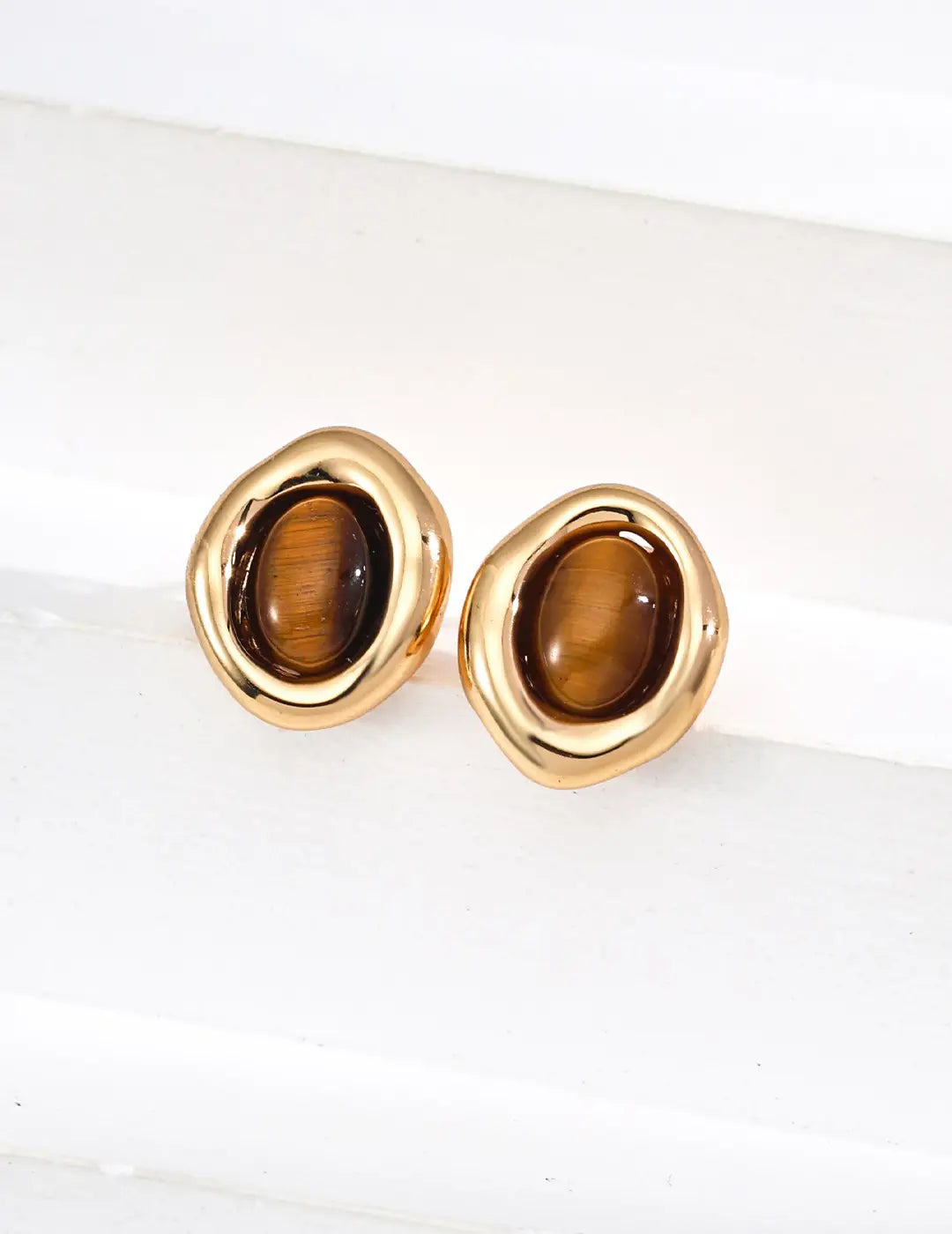 Anaïs & Aimee Tiger's Eye Round Sterling Silver Earrings, featuring natural tiger's eye gemstones in vintage gold and white gold finishes, perfect for London and UK jewelry lovers