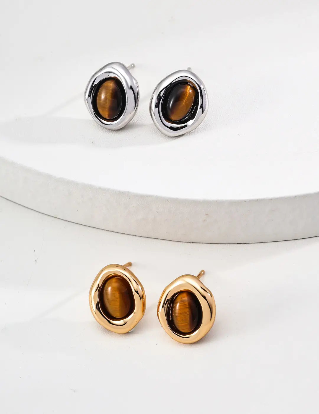 Sophisticated Tiger's Eye Round Sterling Silver Earrings by Anaïs & Aimee, designed with natural stones for a timeless London look