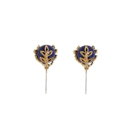 Elegant Lapis Lazuli Golden Leaf Stud Earrings by Anais & Aimee, featuring genuine lapis lazuli stones set in a delicate gold leaf design, perfect for women's gemstone jewelry collection.